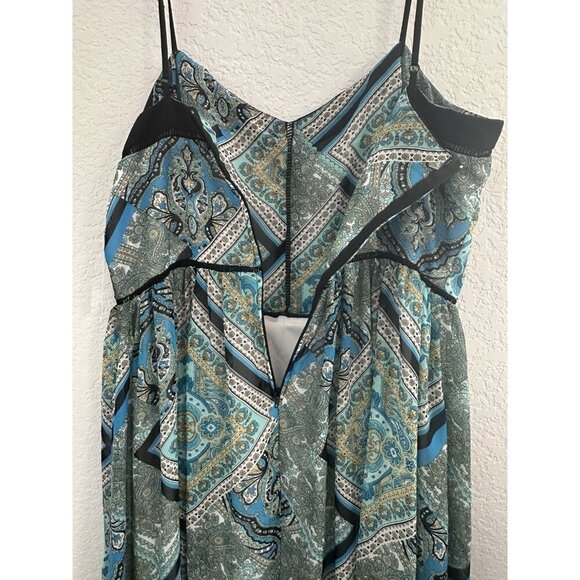 NWT BISOU BISOU Michele Bohbot Teal Scarf Tile Print Black Trim Maxi Dress 14 - Picture 6 of 15